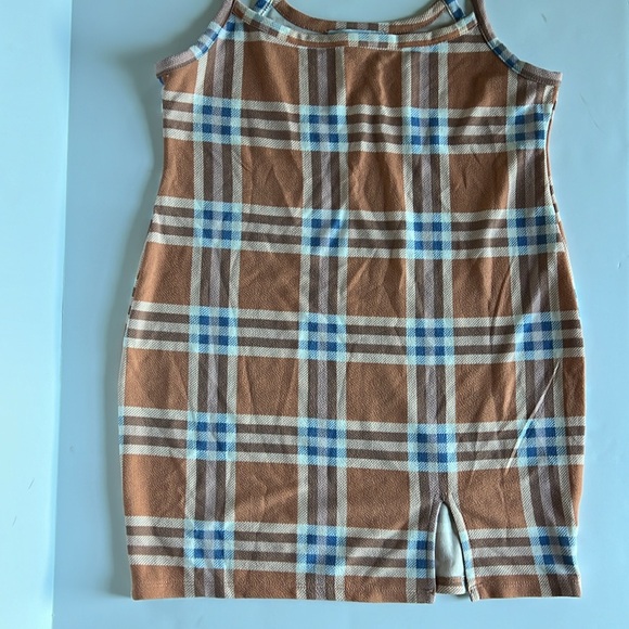 Almost Famous Peach, Cream, Blue Plaid Mini Dress, Spaghetti Straps, Bodycon 2X - Picture 5 of 9